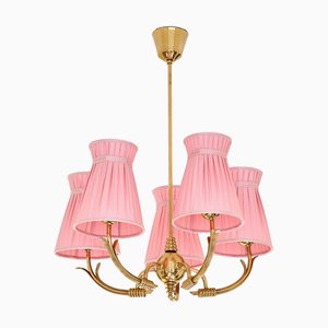 Vintage Swedish Five-Arm Brass Chandelier with Pink Shades, 1940s
