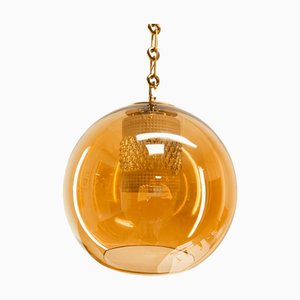 Sospensione in doppio vetro ambrato con struttura in ottone