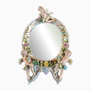 Miroir en Céramique avec Fleurs Putti et Slip de Porcelaine de Sitzendorf, 19ème Siècle