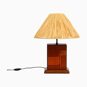 Table Lamp in Wood and Leather with Paper Straw Lampshade, Italian, 1960s