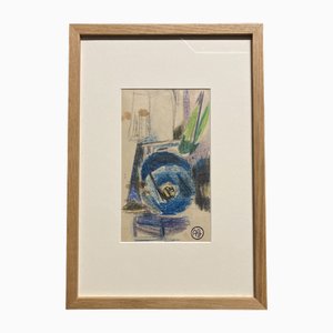 Alfred Gaspart, Blaues Stillleben, Zeichnung mit Bleistift und Ölpastell, 1960er, Gerahmt