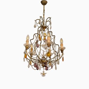 Vintage Crystal Chandelier with Hanging Colored Drops, 1960s