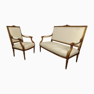 Fauteuils de Salon Louis XVI en Bois Doré, Set de 2