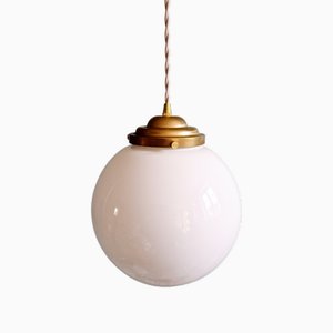 Art Deco Pendant Light in White Opaline Glass, 1930s