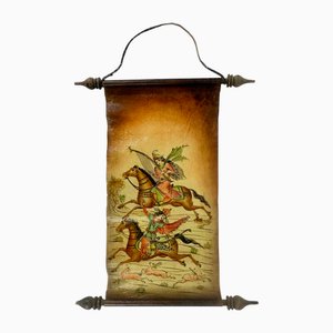 Vintage Middle Eastern Scroll Painting on Leather, 1950s