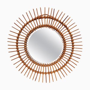 Round Sun Burst Wall Mirror in Bamboo, France, 1950s