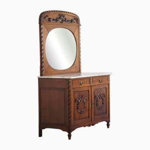 Antike Spiegelkommode im Louis XVI Stil mit weißer Marmorplatte