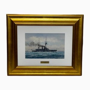 Frank Watson Wood, Battleship HMS London 1914 Guardian of the British Expeditionary Force, Watercolor, Framed