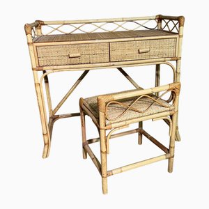 Vintage Frisiertisch und Hocker aus Schilfrohr & Bambus, 2er Set