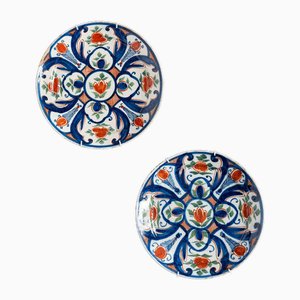 Dutch Delftware Blue and Red Plates, 18th Century, Set of 2