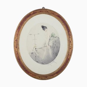 Louis Icart, Lady in a Short Dress with a Cockatoo, 1921, Etching on Paper, Framed