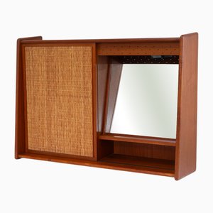 Danish Teak and Cane Wall-Mounted Vanity Cabinet with Mirror, 1960s