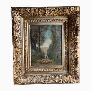Dopo Barbizon, pastore e il suo gregge nella foresta, XIX secolo, dipinto su tavola, con cornice