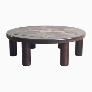 Brutalist Six-Feet Coffee Table in Oak and Stone, 1970s