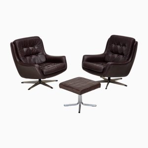 Swivel Lounge Chairs with Ottoman in Leather, 1970s, Set of 3