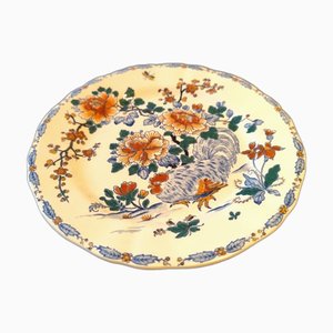 Art Deco Plate with Rooster and Peony Decoration from Gien, 1940s