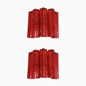 Red Tronchi Murano Style Glass Wall Sconces in Venini Style by Simoeng, Set of 2