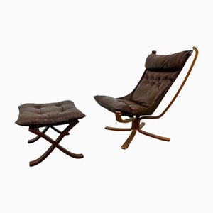 Juego de silla Falcon Sling de cuero y otomana de Sigurd Ressell para Vatne Møbler, años 70