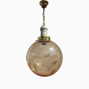 Single Bowl Pendant in Silk-Screened Glass with Leaf Decoration