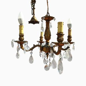 Lustre à Quatre Branches Vintage avec Pampilles en Verre
