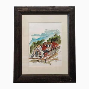 Mussolini romano, Casale con mulino, Tempera, Incorniciato
