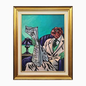 Max Hamlet, Man Meditating, 1994, Peinture Acrylique sur Toile, Encadrée