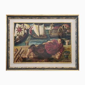 After Beppe Serafini, The Sailor's Rest, 1980, Oil on Cardboard, Framed