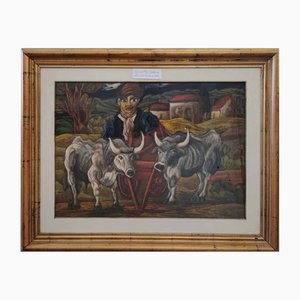 After Beppe Serafini, Oxen, 1983, Huile sur Carton, Encadrée