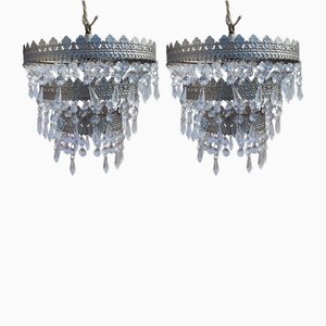 Vintage Metal Chandeliers with Glass Drops, Set of 2