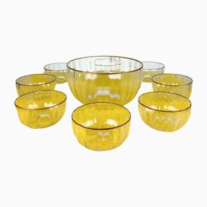 Terrina con cuencos de cristal de Murano con borde dorado de Carlo Moretti. Juego de 9