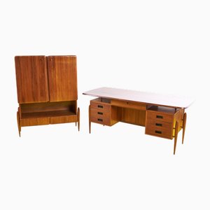 Escritorio y librería vintage de teca, años 60. Juego de 2