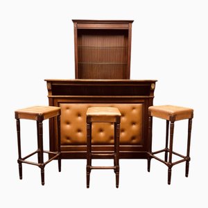 Bar Chesterfield in mogano con sgabelli, set di 5