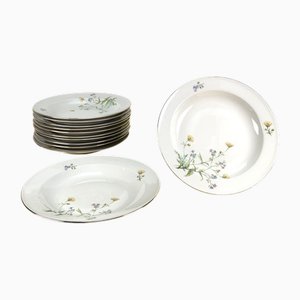 Vintage Ceramic Soup Plates with Floral Decorations and Golden Edging from Seltmann Weiden, Bavaria, Set of 12