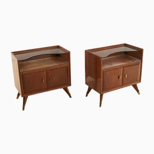 Wooden Bedside Tables with Glass Top, 1950s, Set of 2