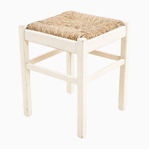 Wooden Stool with Straw Seat, 1970s