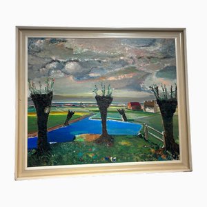 Gaston Theunynck, De Drie Wilgen, Oil on Canvas, 1890s, Framed
