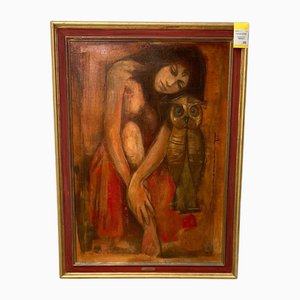 Desmedt, Owl with Lady, Oil on Canvas, 1970s, Framed