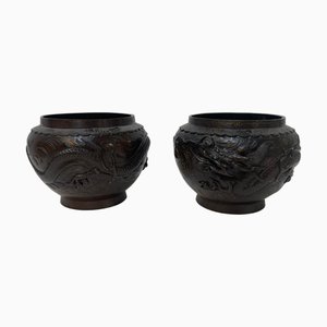 Dragon Sculptured Bronze Cachepots, Set of 2