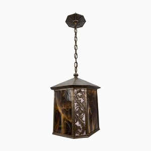Large Brown and Beige Tiffany Glass and Metal Hallway Lantern, France, 1920s