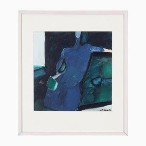 Figure en Bleu, 1950s, uvre d'Art Acrylique, Encadré