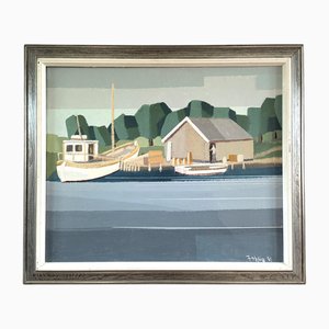The Boathouse, 1950s, Large Oil on Canvas, Framed