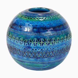 Jarrón Rimini Mid-Century de cerámica esmaltada en azul de Aldo Londi para Bitossi, Italia, años 50