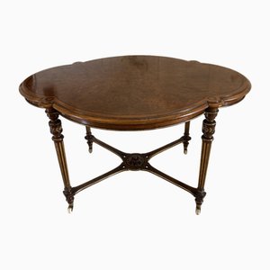 Tavolino antico vittoriano in radica di noce intarsiato, metà XIX secolo