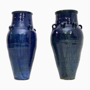 Large Blue Ceramic Floor Standing Vases, 1970s, Set of 2