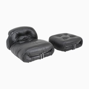 Set of Soriana Lounge Chair and Ottoman in Black Leather attributed to Afra & Tobia Scarpa for Cassina