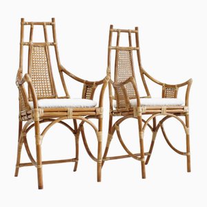 Vintage Armlehnstühle aus Bambus & Rattan mit Bouclé Kissen, 1970er, 2er Set