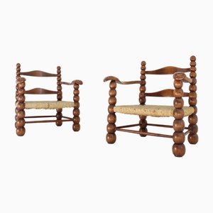 Oak and Rush Bobbin Armchairs attributed to Charles Dudouyt, 1940s, Set of 2