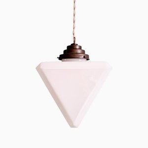 Lampada a sospensione Art Déco triangolare bianca opalina, anni '30