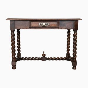 Antique French Walnut Desk with Drawer and Leather Top, 1890s