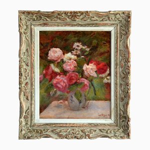 Lucien Mignon, Impressionist Bouquet of Roses, 1930, Oil on Canvas, Framed